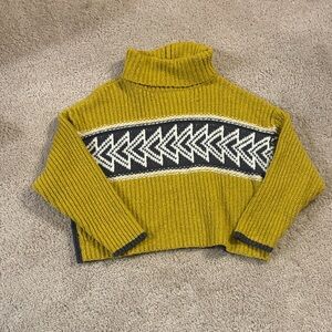 Free People Mustard Turtleneck Sweater with Black and White Pattern